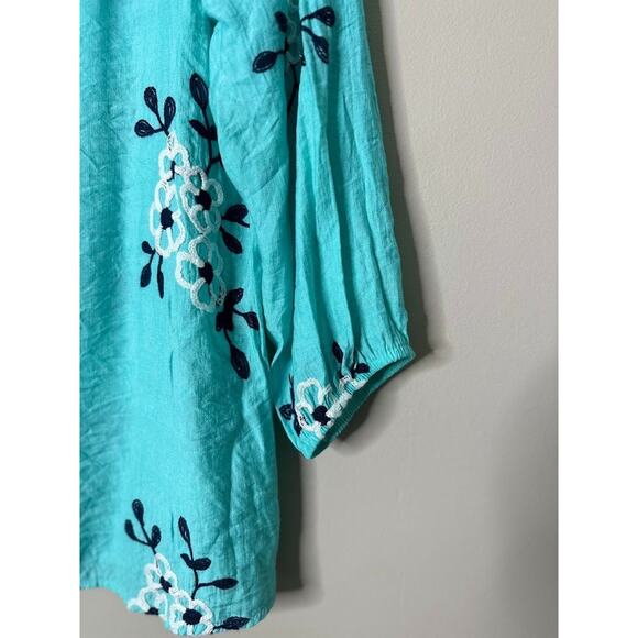 Kindred Womens Floral Embroidered Shirt Top Size Petite Large Boho Blue Feminine - Picture 2 of 7